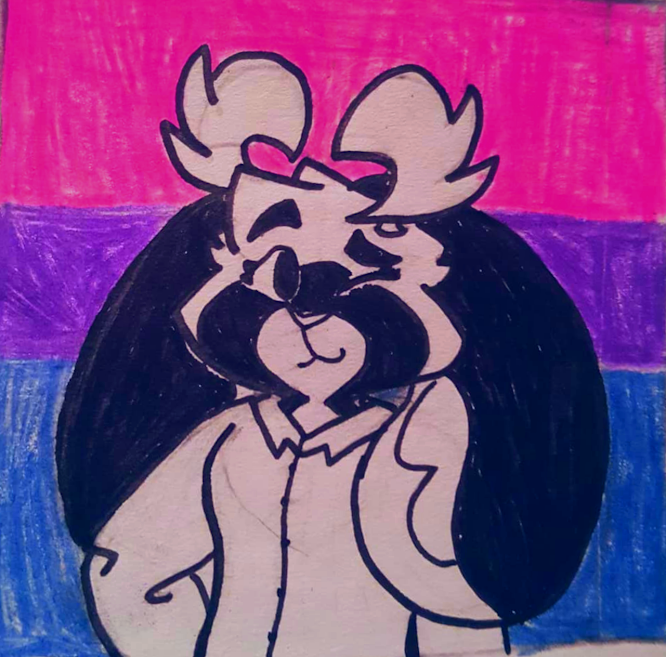 Oddball in front of a bisexual pride flag